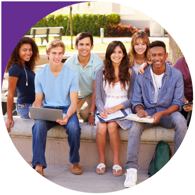 Inset in circular image on purple background of six smiling university students seated outdoors on campus