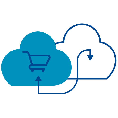 Abstract image of shopping cart, curving two-way arrow and cloud shapes