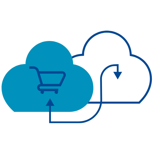 Abstract image of shopping cart, curving two-way arrow and cloud shapes