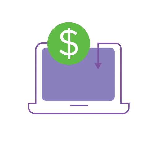 Abstract image of desktop computer, curving one-way arrow and dollar sign