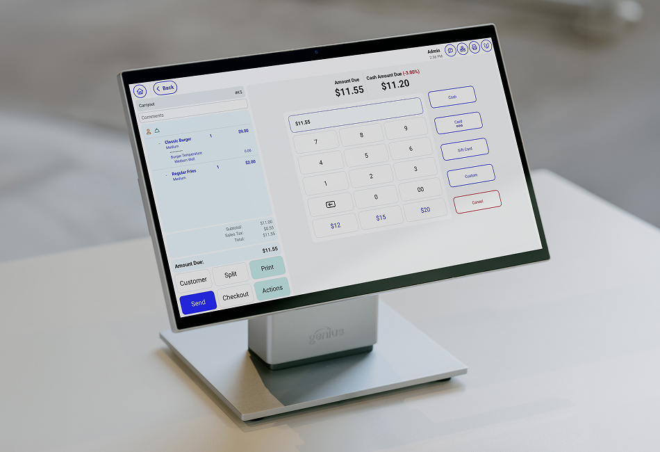 A countertop POS device shows a software screen for pricing.